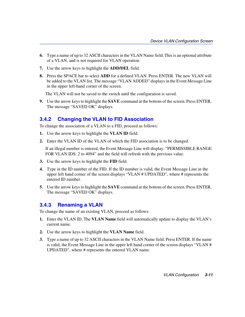 2 changing the vlan to fid association, 3 renaming a vlan, Changing the vlan to fid association -11 | Renaming a vlan -11, Section 3.4.2 | Enterasys Networks 802.1Q User Manual | Page 33 / 82