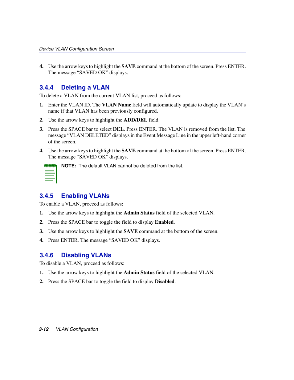 4 deleting a vlan, 5 enabling vlans, 6 disabling vlans | Deleting a vlan -12, Enabling vlans -12, Disabling vlans -12 | Enterasys Networks 802.1Q User Manual | Page 34 / 82