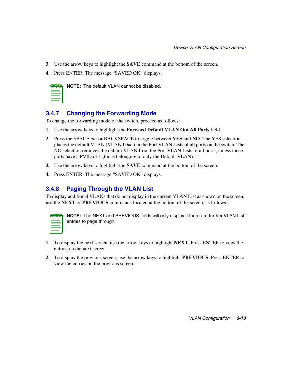 7 changing the forwarding mode, 8 paging through the vlan list, Changing the forwarding mode -13 | Paging through the vlan list -13 | Enterasys Networks 802.1Q User Manual | Page 35 / 82