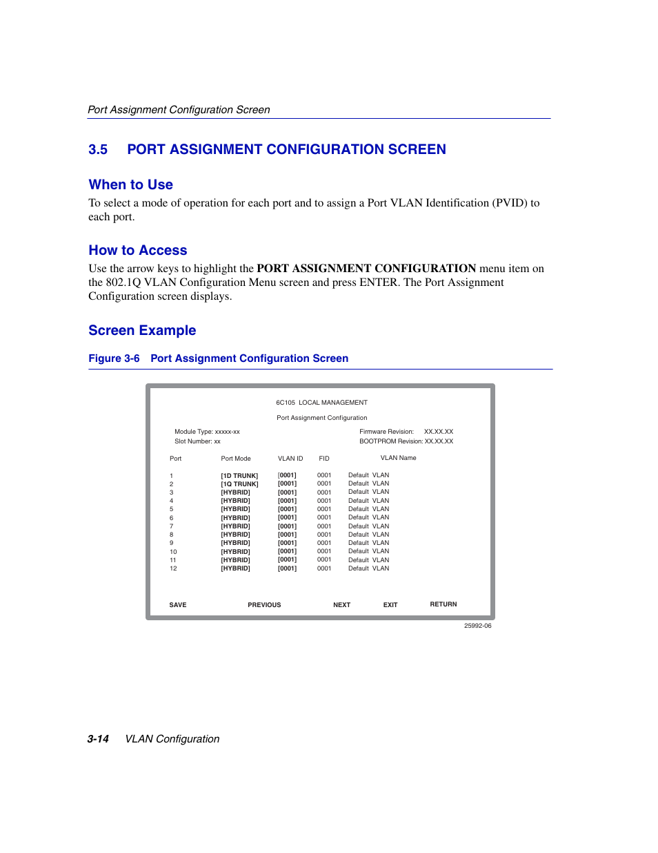 5 port assignment configuration screen, Port assignment configuration screen -14, Port assignment configuration screen | Operational mode of a port. refer to, Section 3.5, 5 port assignment configuration screen when to use, How to access, Screen example | Enterasys Networks 802.1Q User Manual | Page 36 / 82