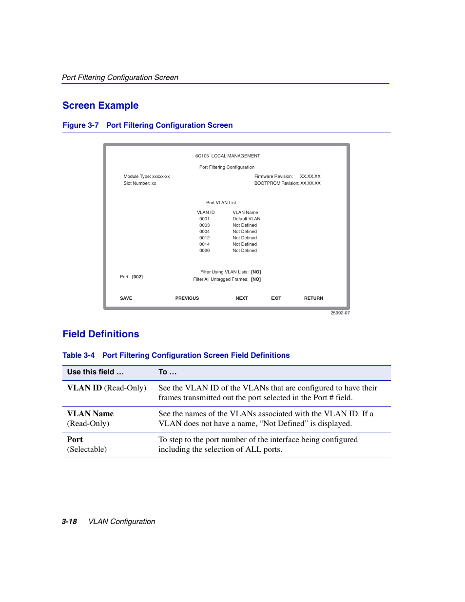 Port filtering configuration screen, Screen example, Field definitions | Enterasys Networks 802.1Q User Manual | Page 40 / 82