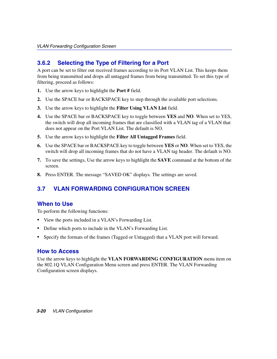 2 selecting the type of filtering for a port, 7 vlan forwarding configuration screen, Selecting the type of filtering for a port -20 | Vlan forwarding configuration screen -20, Section 3.7 | Enterasys Networks 802.1Q User Manual | Page 42 / 82