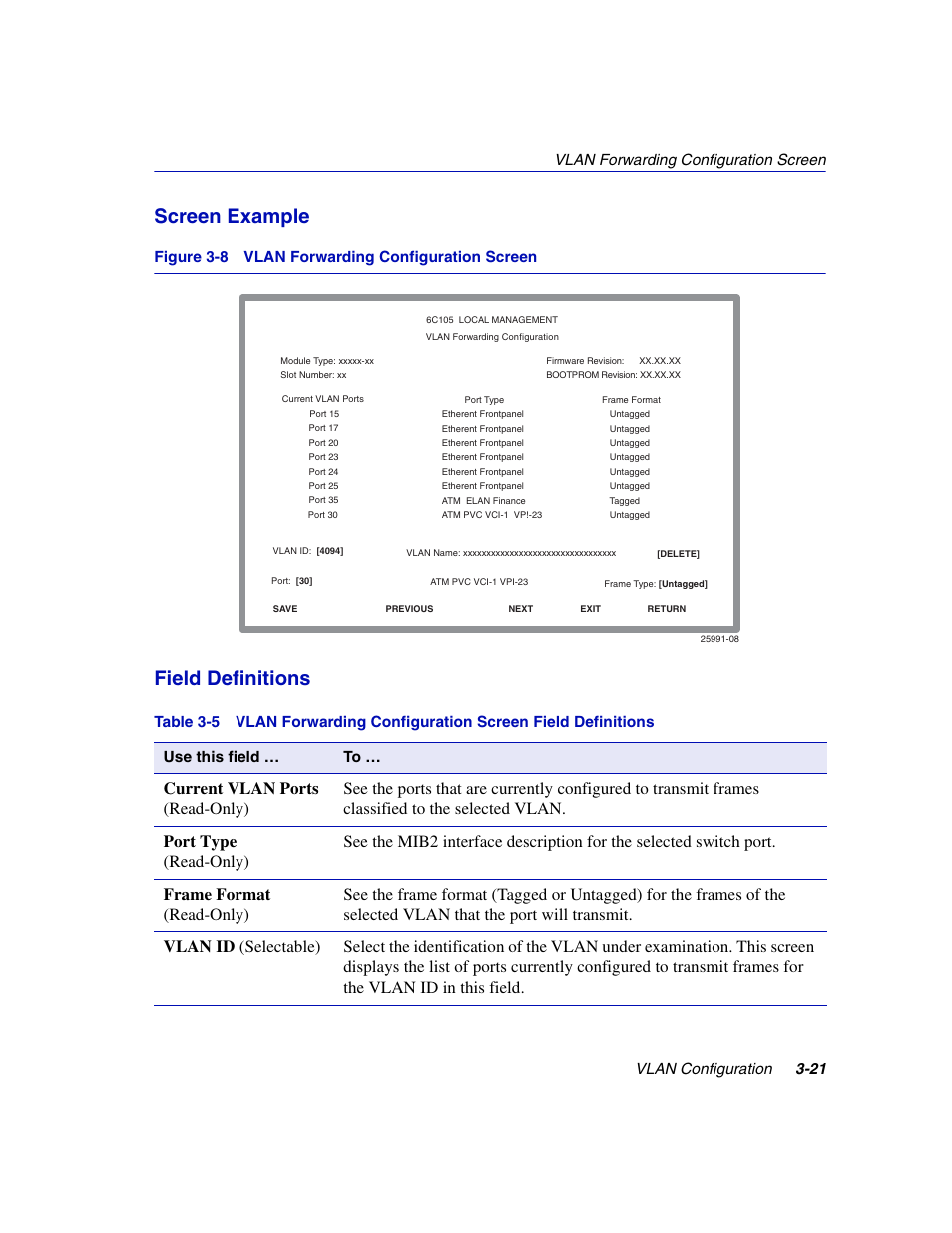 Vlan forwarding configuration screen, Screen example, Field definitions | Enterasys Networks 802.1Q User Manual | Page 43 / 82