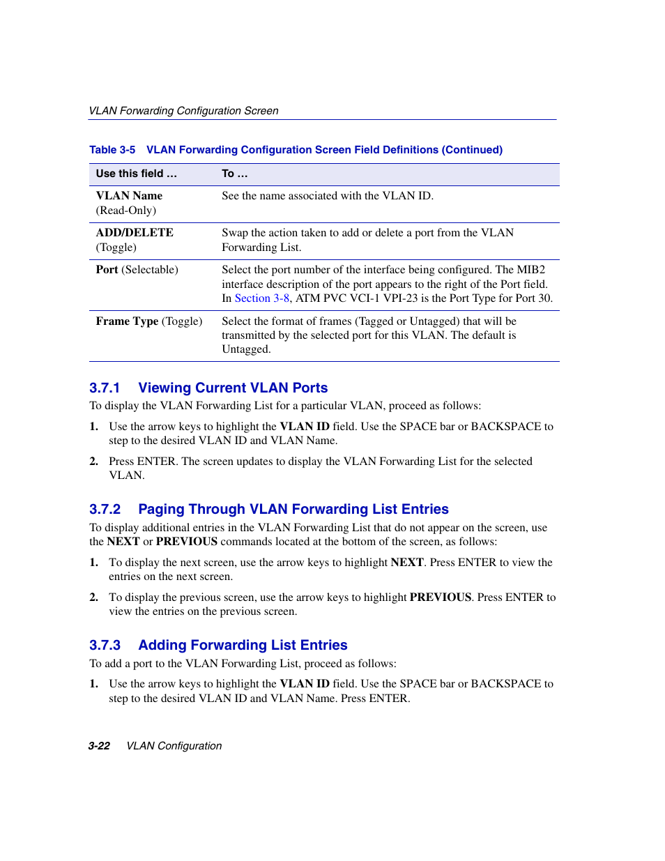1 viewing current vlan ports, 2 paging through vlan forwarding list entries, 3 adding forwarding list entries | Viewing current vlan ports -22, Paging through vlan forwarding list entries -22, Adding forwarding list entries -22 | Enterasys Networks 802.1Q User Manual | Page 44 / 82