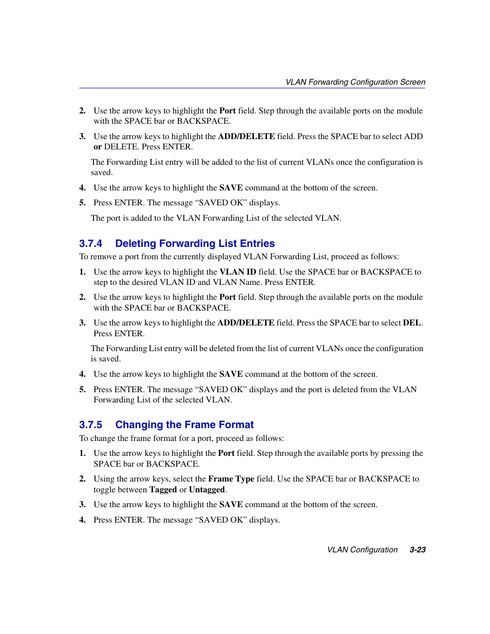 4 deleting forwarding list entries, 5 changing the frame format, Deleting forwarding list entries -23 | Changing the frame format -23 | Enterasys Networks 802.1Q User Manual | Page 45 / 82
