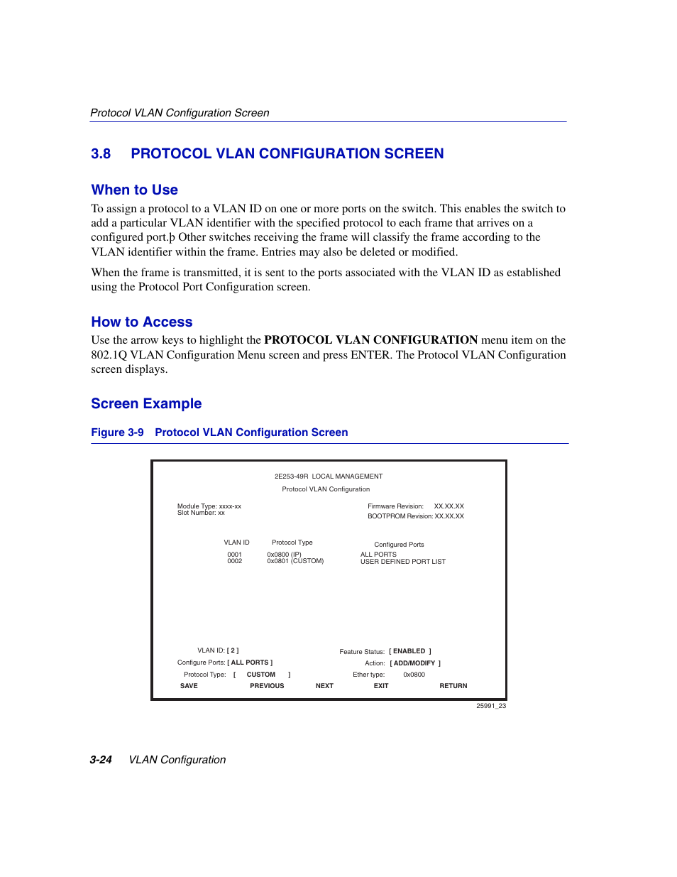 8 protocol vlan configuration screen, Protocol vlan configuration screen -24, Protocol vlan configuration screen | 8 protocol vlan configuration screen when to use, How to access, Screen example | Enterasys Networks 802.1Q User Manual | Page 46 / 82