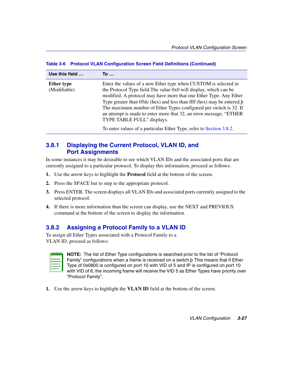 2 assigning a protocol family to a vlan id, Assigning a protocol family to a vlan id -27, Section 3.8.2 | Enterasys Networks 802.1Q User Manual | Page 49 / 82