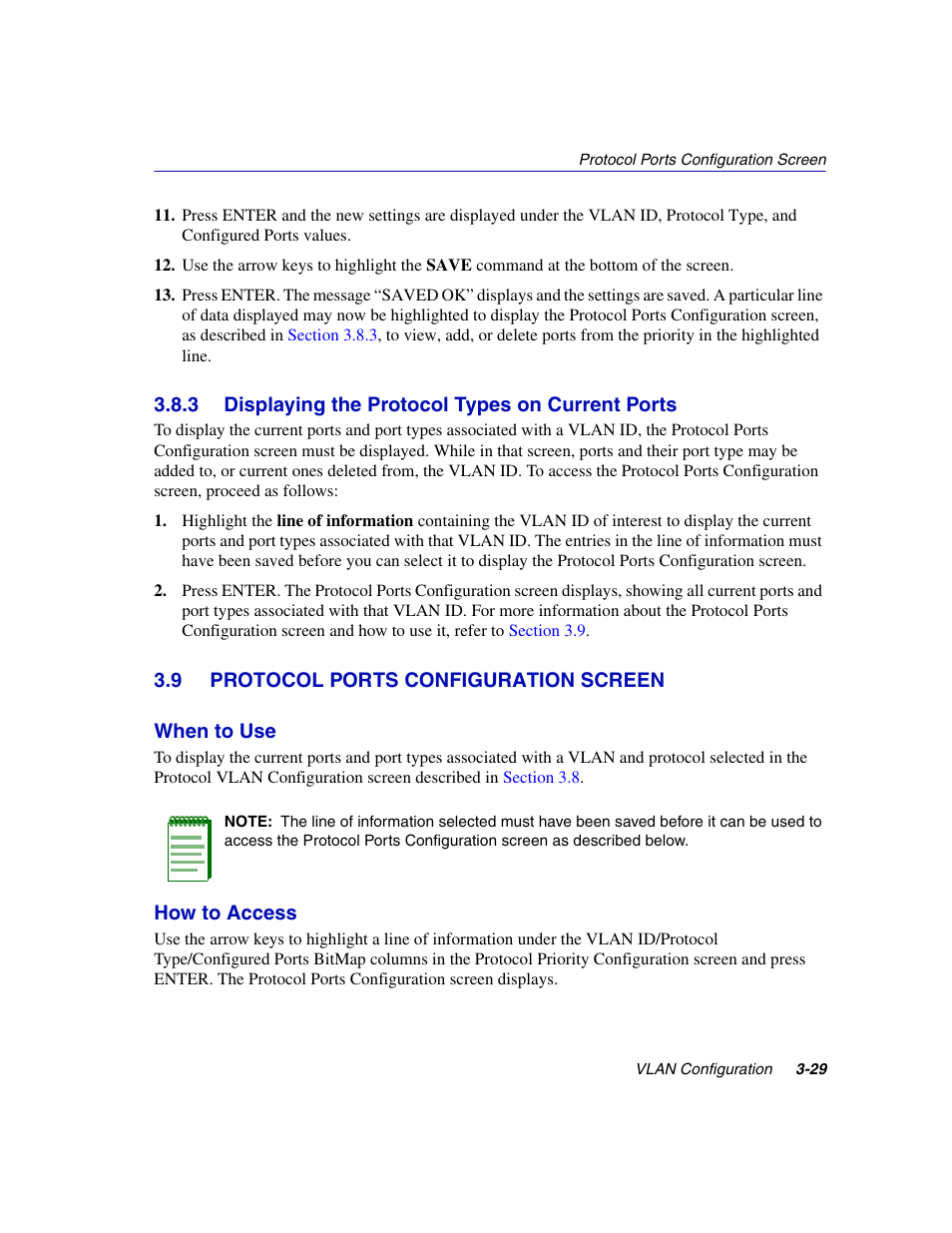 3 displaying the protocol types on current ports, 9 protocol ports configuration screen, Displaying the protocol types on current ports -29 | Protocol ports configuration screen -29, Section 3.9 | Enterasys Networks 802.1Q User Manual | Page 51 / 82