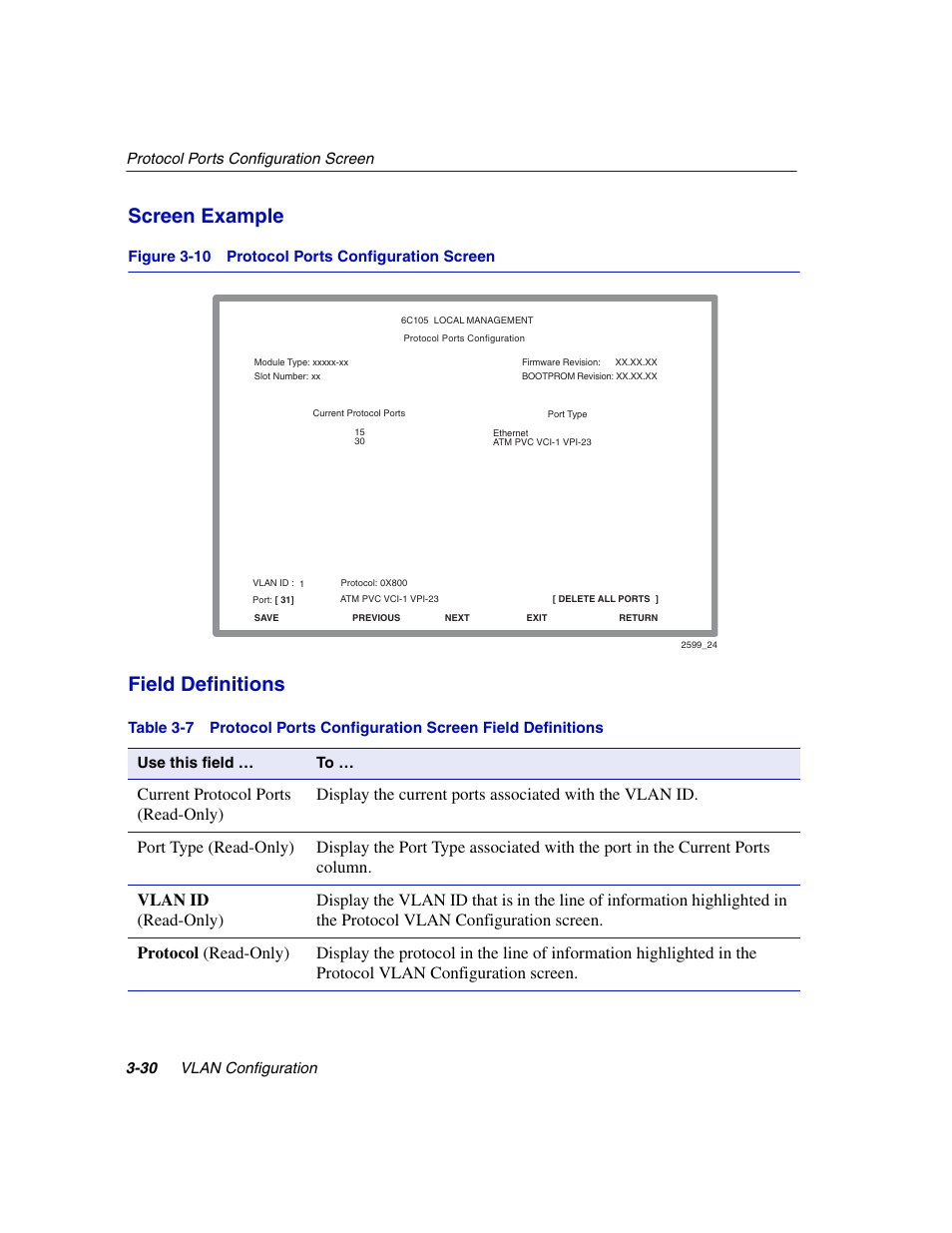 Protocol ports configuration screen, Screen example, Field definitions | Enterasys Networks 802.1Q User Manual | Page 52 / 82