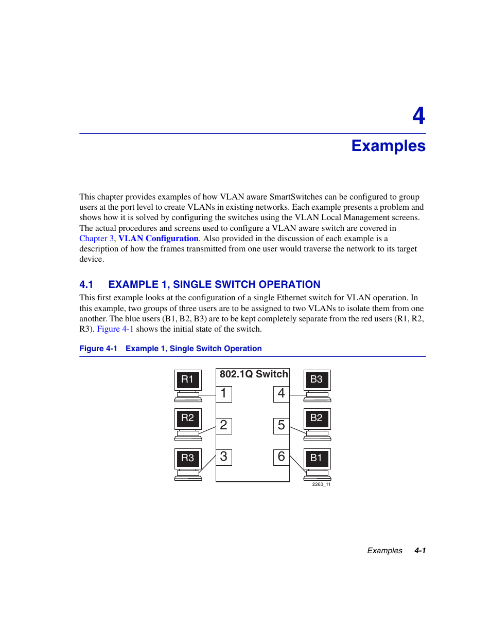 Examples, 1 example 1, single switch operation, Example 1, single switch operation -1 4.1.1 | Solving the problem -2, Example 1, single switch operation | Enterasys Networks 802.1Q User Manual | Page 61 / 82