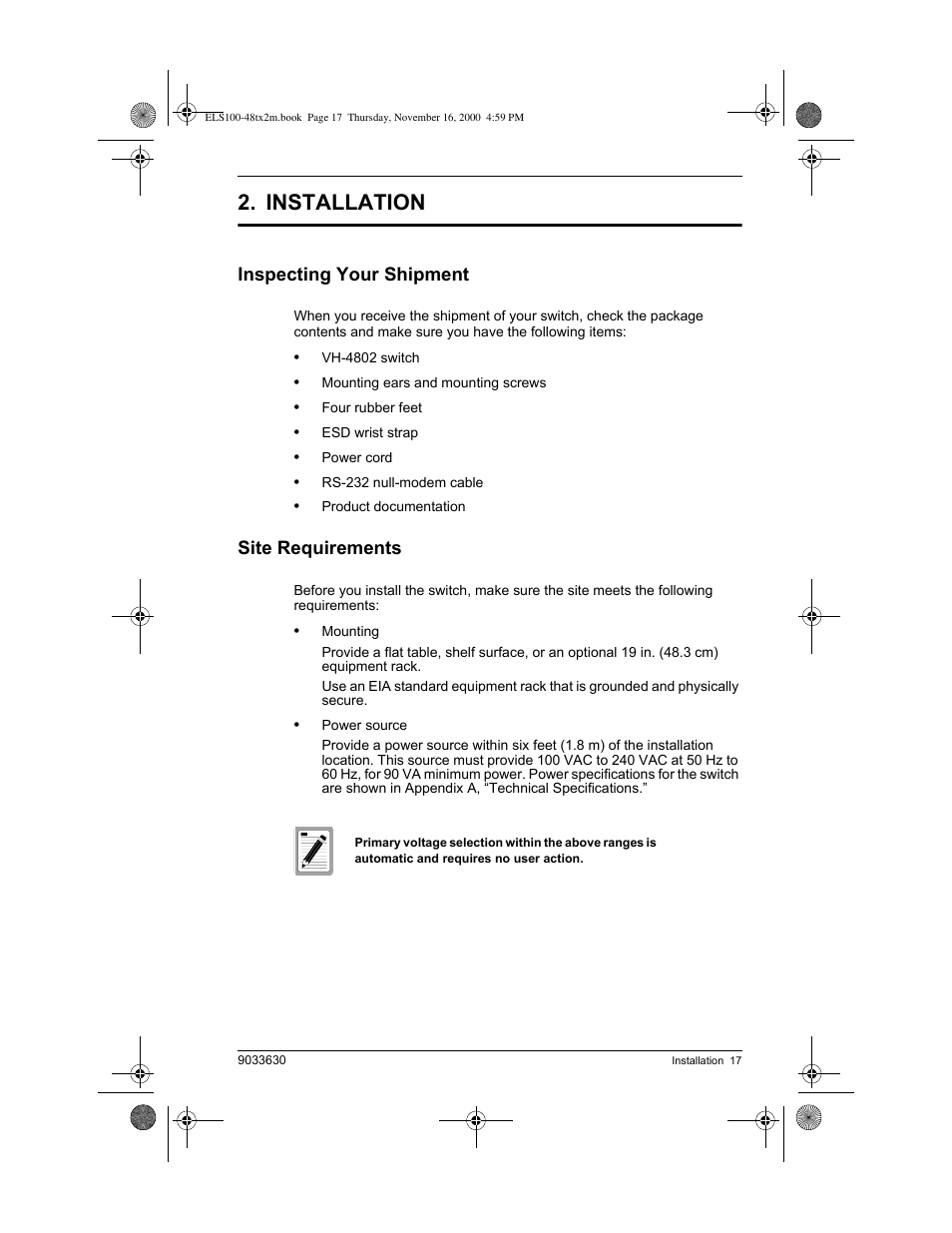 Installation, Inspecting your shipment, Site requirements | Enterasys Networks VH-4802 User Manual | Page 31 / 56