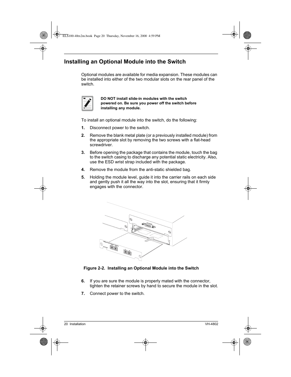 Installing an optional module into the switch | Enterasys Networks VH-4802 User Manual | Page 34 / 56