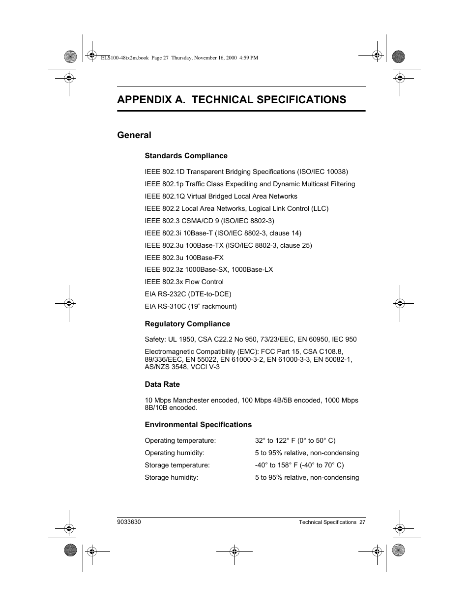 Technical specifications, Appendix a. technical specifications, General | Enterasys Networks VH-4802 User Manual | Page 41 / 56