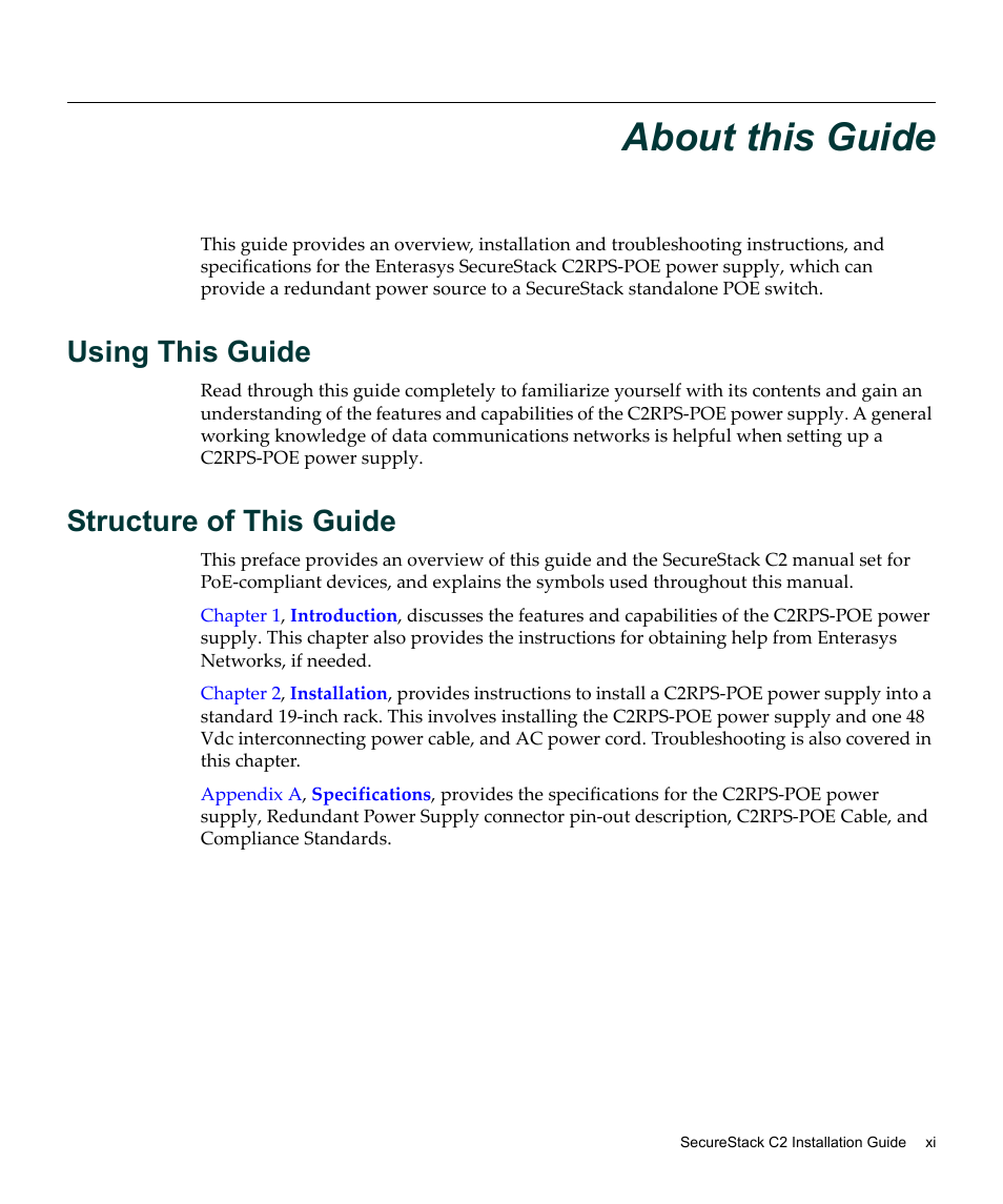 About this guide, Using this guide, Structure of this guide | Enterasys Networks SecureStack C2 C2RPS-POE User Manual | Page 13 / 34
