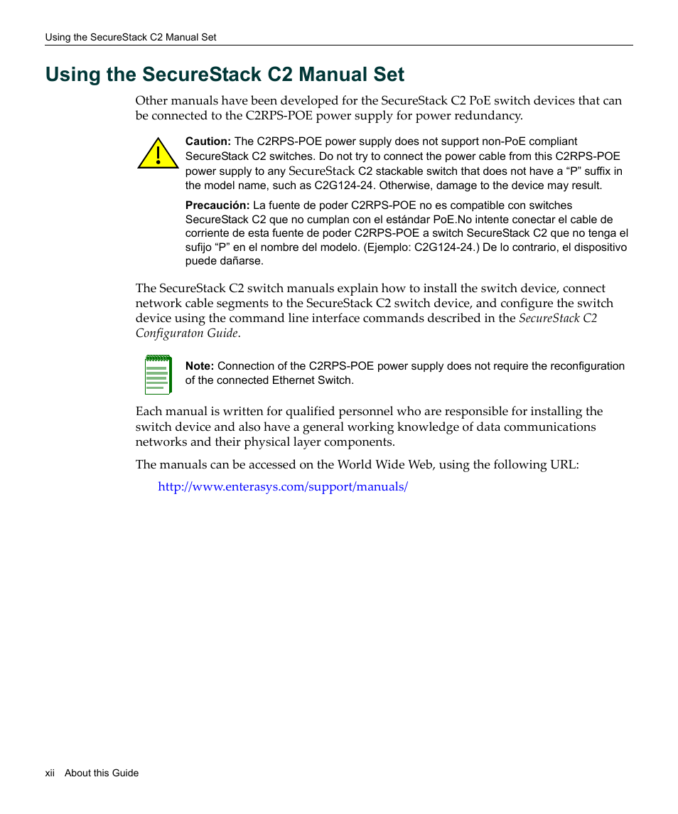 Using the securestack c2 manual set | Enterasys Networks SecureStack C2 C2RPS-POE User Manual | Page 14 / 34