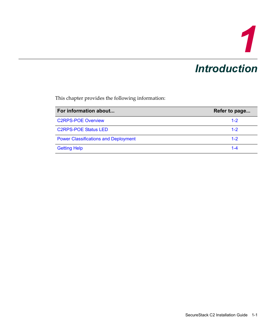 Introduction, Chapter 1: introduction, Chapter 1 | Enterasys Networks SecureStack C2 C2RPS-POE User Manual | Page 17 / 34