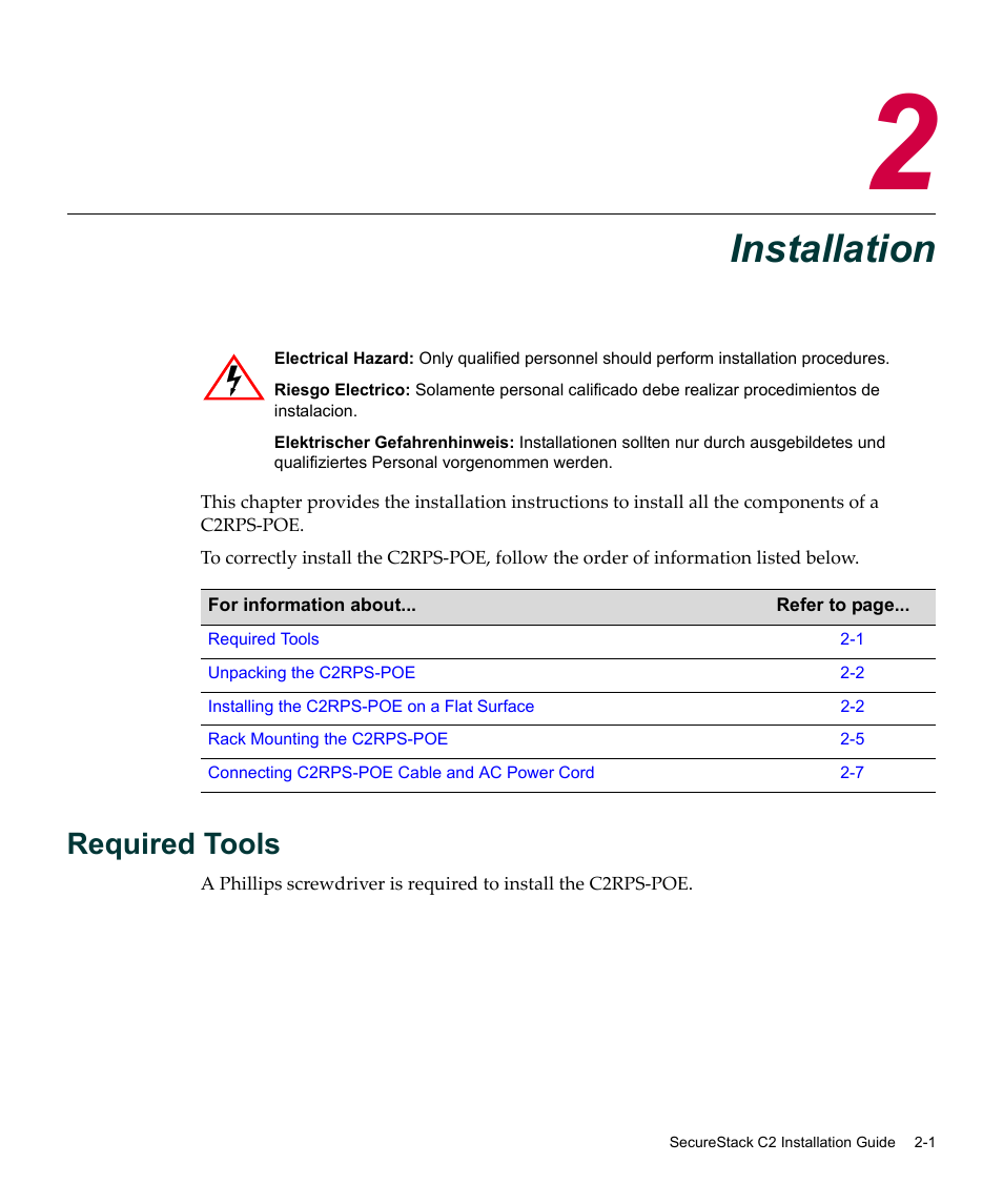 Installation, Required tools, Chapter 2: installation | Required tools -1, Chapter 2 | Enterasys Networks SecureStack C2 C2RPS-POE User Manual | Page 21 / 34