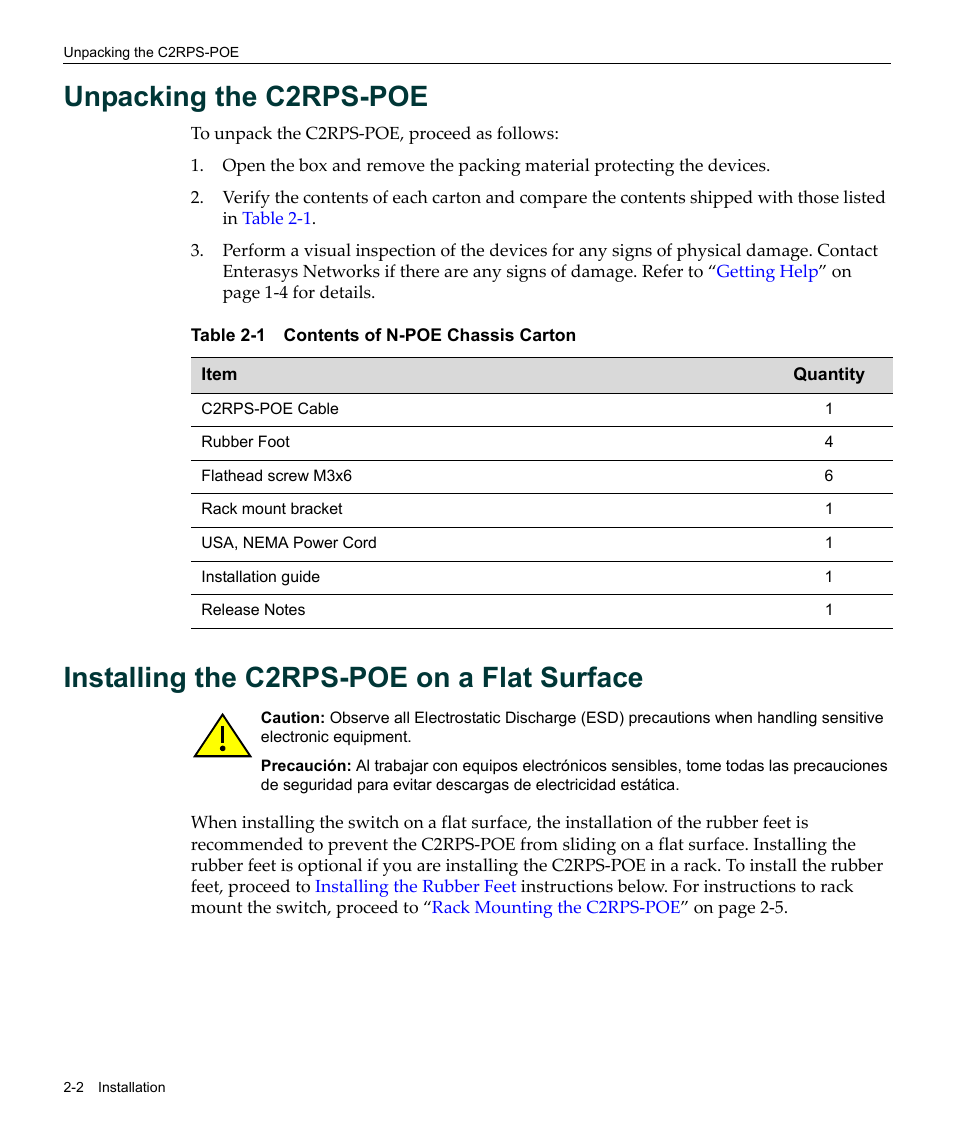 Unpacking the c2rps-poe, Installing the c2rps-poe on a flat surface, Contents of n-poe chassis carton -2 | Enterasys Networks SecureStack C2 C2RPS-POE User Manual | Page 22 / 34