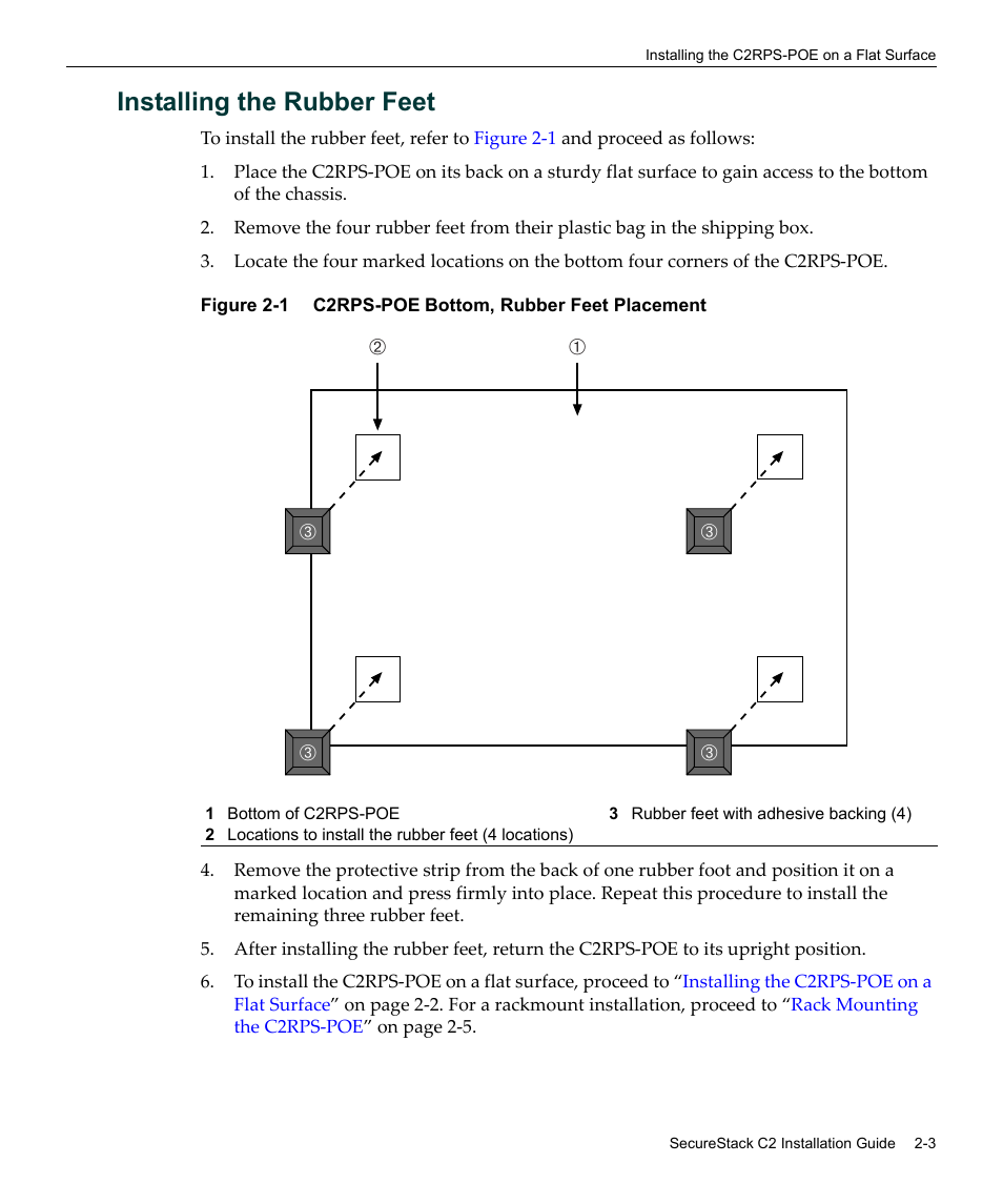 Installing the rubber feet, Installing the rubber feet -3, C2rps-poe bottom, rubber feet placement -3 | Enterasys Networks SecureStack C2 C2RPS-POE User Manual | Page 23 / 34