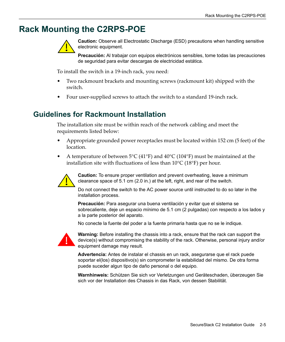 Rack mounting the c2rps-poe, Guidelines for rackmount installation, Rack mounting the c2rps-poe -5 | Guidelines for rackmount installation -5, Rack mounting the c2rps‐poe, Rack mounting, The c2rps‐poe | Enterasys Networks SecureStack C2 C2RPS-POE User Manual | Page 25 / 34