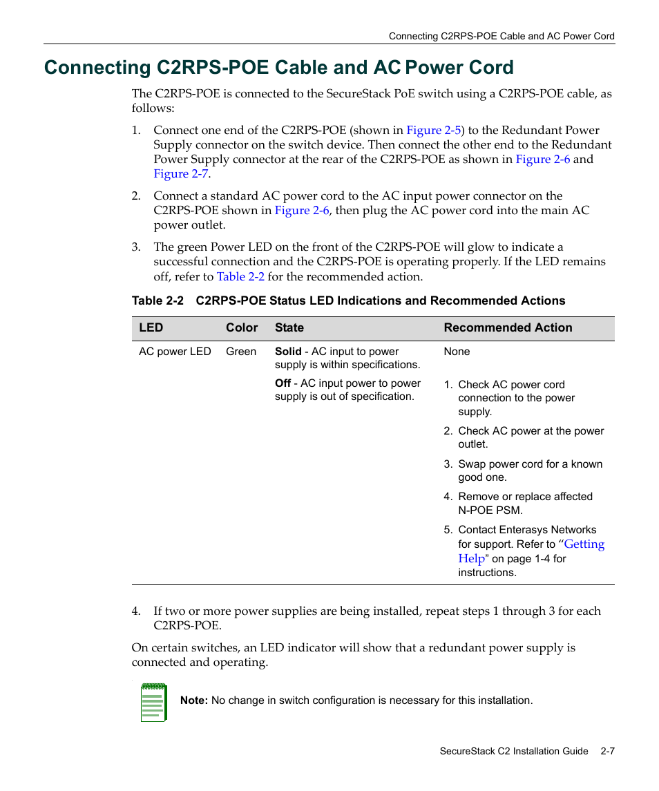 Connecting c2rps-poe cable and ac power cord, Connecting c2rps-poe cable and ac power cord -7, Connecting | C2rps‐poe cable and ac power cord, Connecting c2rps‐poe cable and ac power, Cord, Connecting c2rps-poe cable and ac, Power cord | Enterasys Networks SecureStack C2 C2RPS-POE User Manual | Page 27 / 34