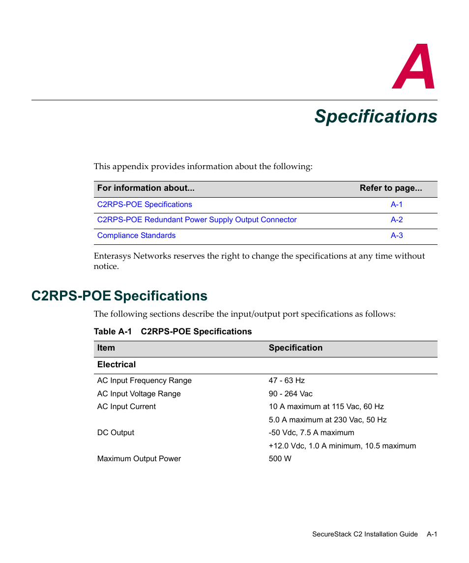 Specifications, C2rps-poe specifications, Appendix a: specifications | Appendix a, C2rps-poe | Enterasys Networks SecureStack C2 C2RPS-POE User Manual | Page 31 / 34