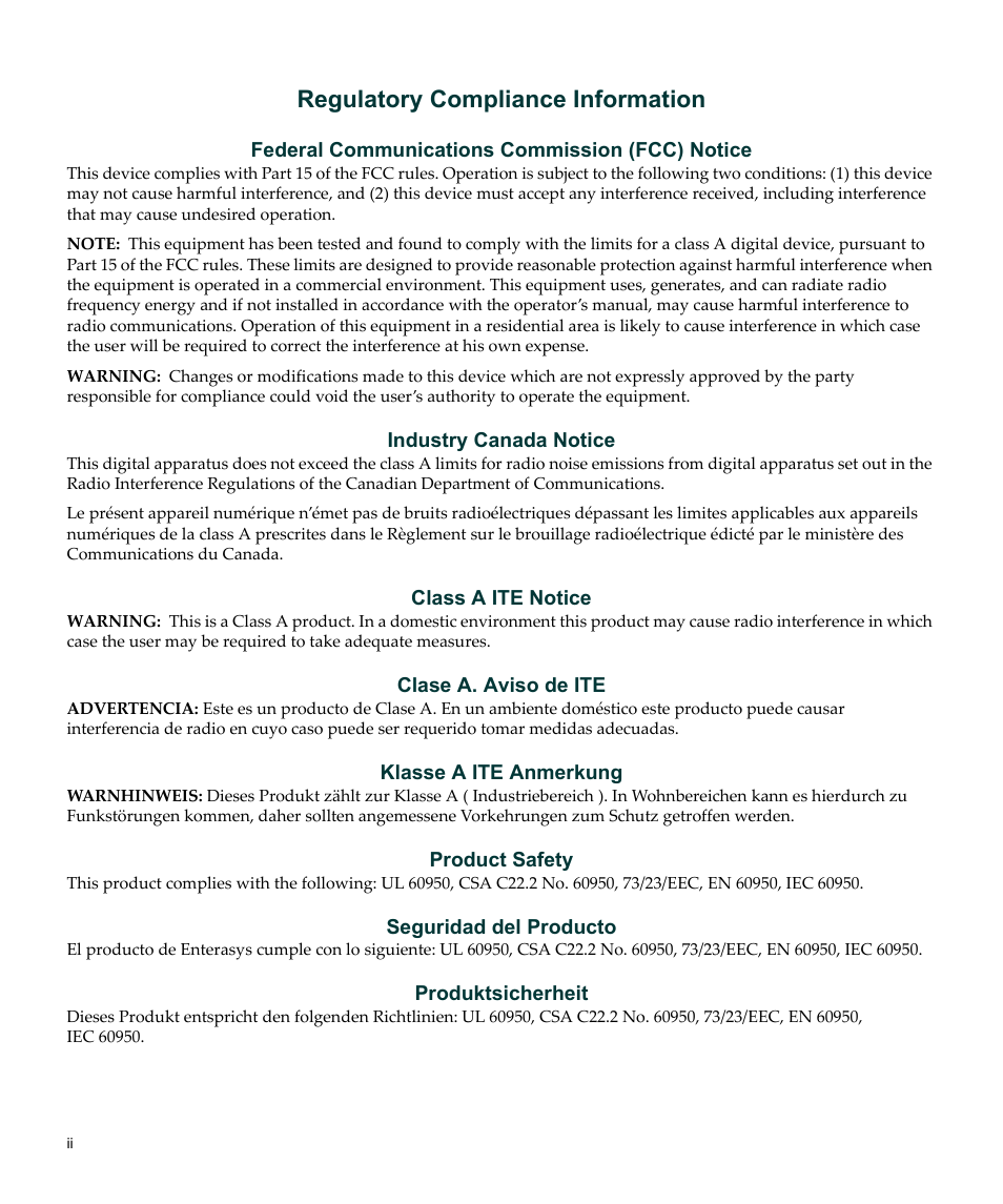 Regulatory compliance information | Enterasys Networks SecureStack C2 C2RPS-POE User Manual | Page 4 / 34
