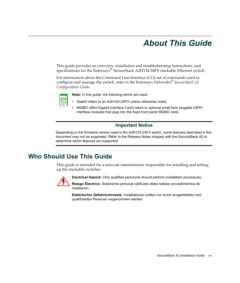 About this guide, Who should use this guide | Enterasys Networks A2H124-24FX User Manual | Page 17 / 82