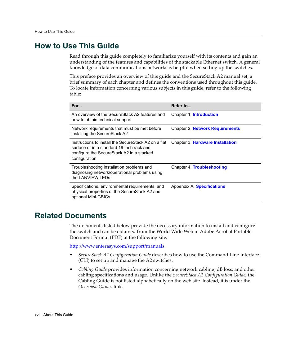 How to use this guide, Related documents | Enterasys Networks A2H124-24FX User Manual | Page 18 / 82