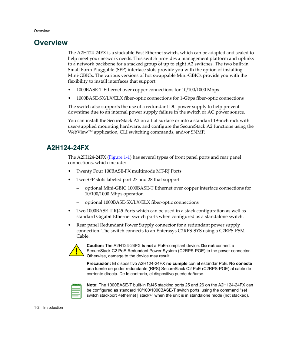 Overview, A2h124-24fx, Overview -2 | A2h124-24fx -2 | Enterasys Networks A2H124-24FX User Manual | Page 22 / 82
