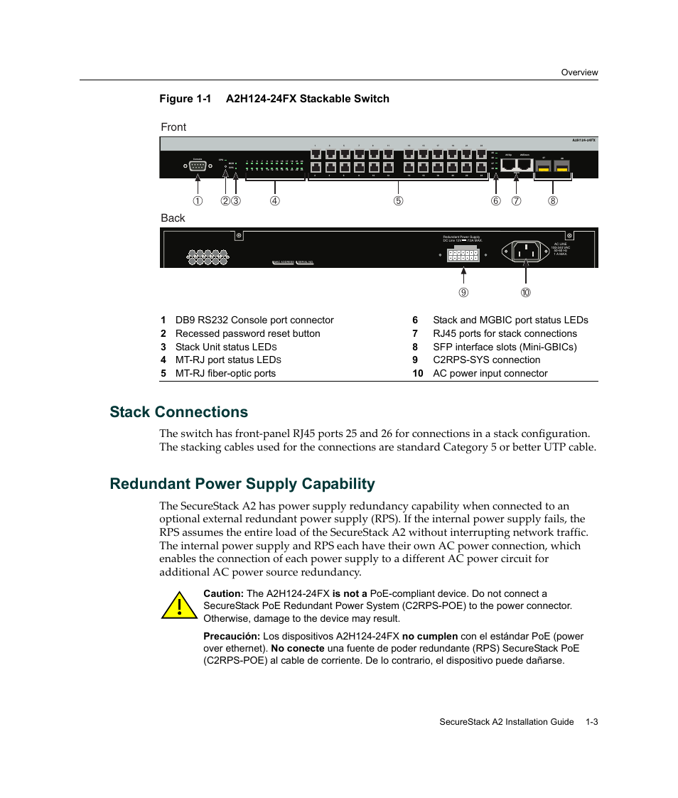 Stack connections, Redundant power supply capability, A2h124-24fx stackable switch -3 | Ди й, Гж е бв, Front, Back, Overview securestack a2 installation guide 1-3 | Enterasys Networks A2H124-24FX User Manual | Page 23 / 82