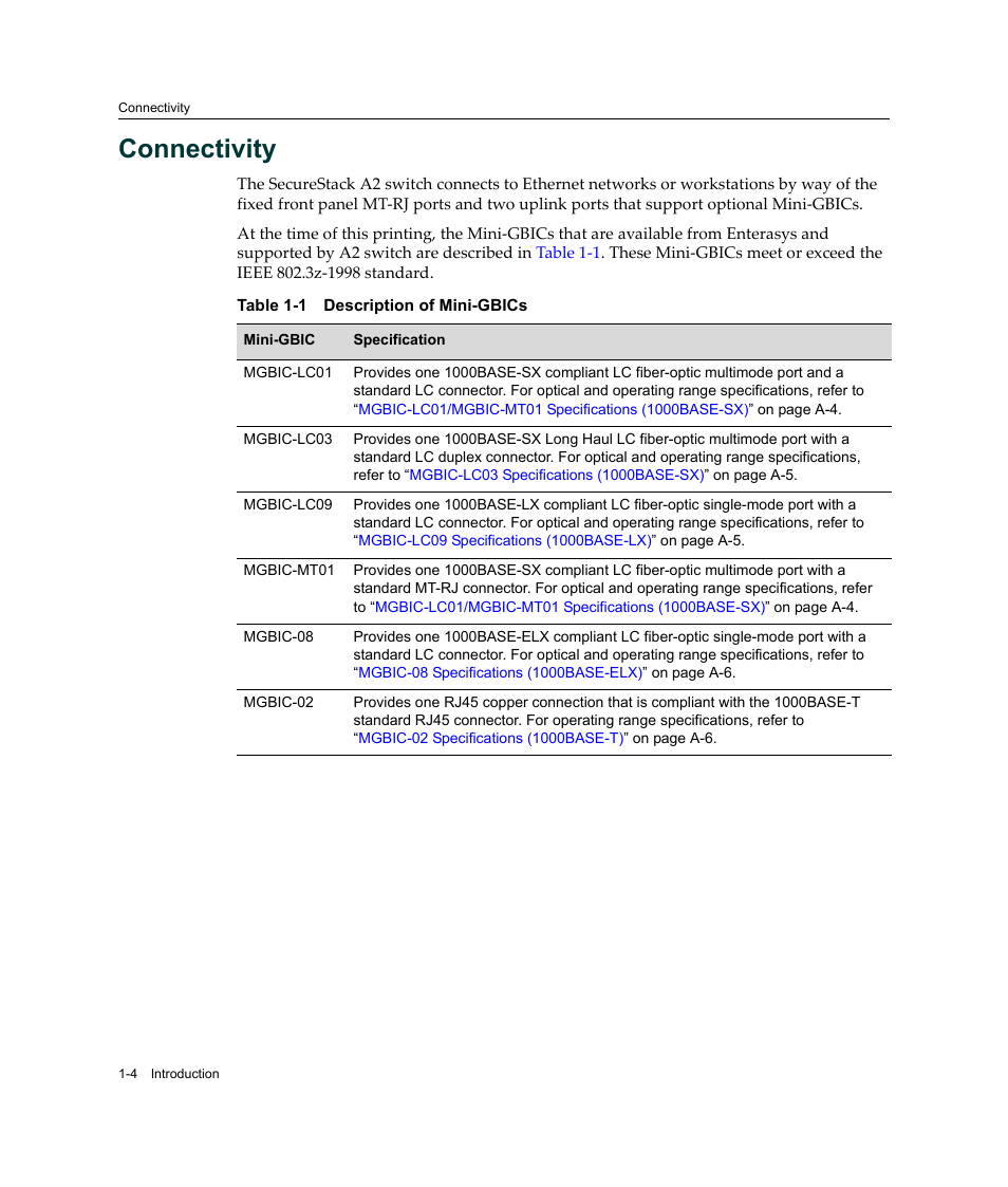 Connectivity, Connectivity -4, Description of mini-gbics -4 | Enterasys Networks A2H124-24FX User Manual | Page 24 / 82