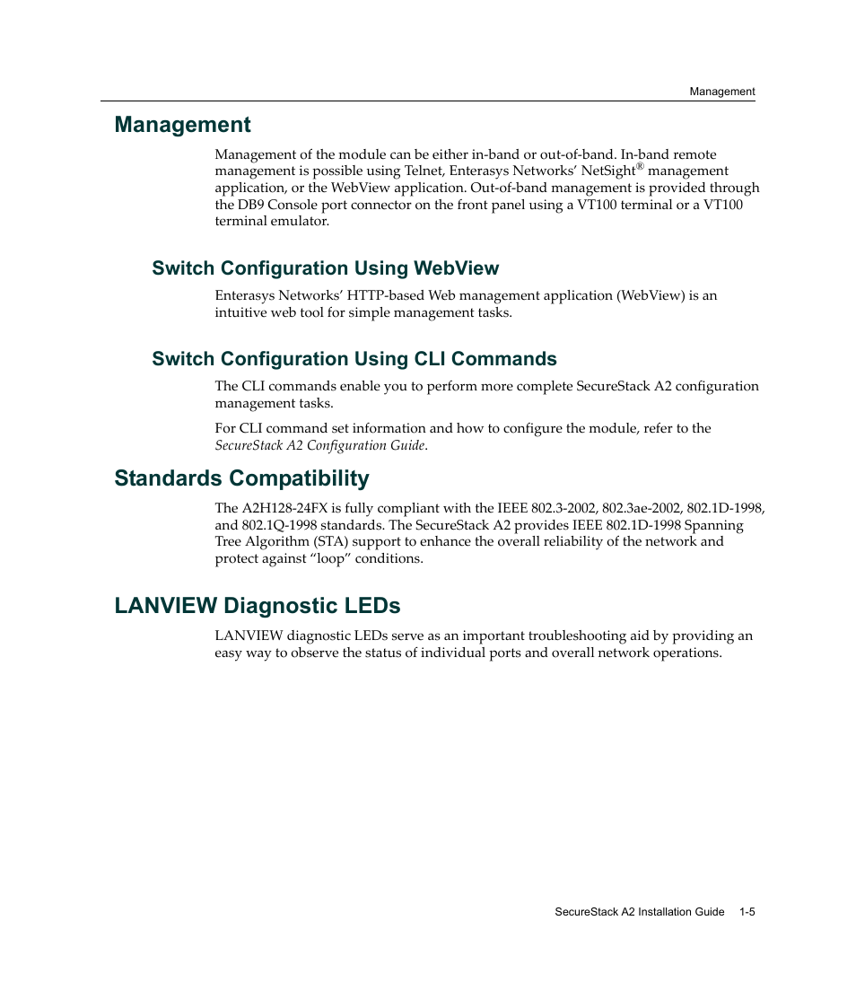 Management, Switch configuration using webview, Switch configuration using cli commands | Standards compatibility, Lanview diagnostic leds, Management -5, Standards compatibility -5 lanview diagnostic leds | Enterasys Networks A2H124-24FX User Manual | Page 25 / 82