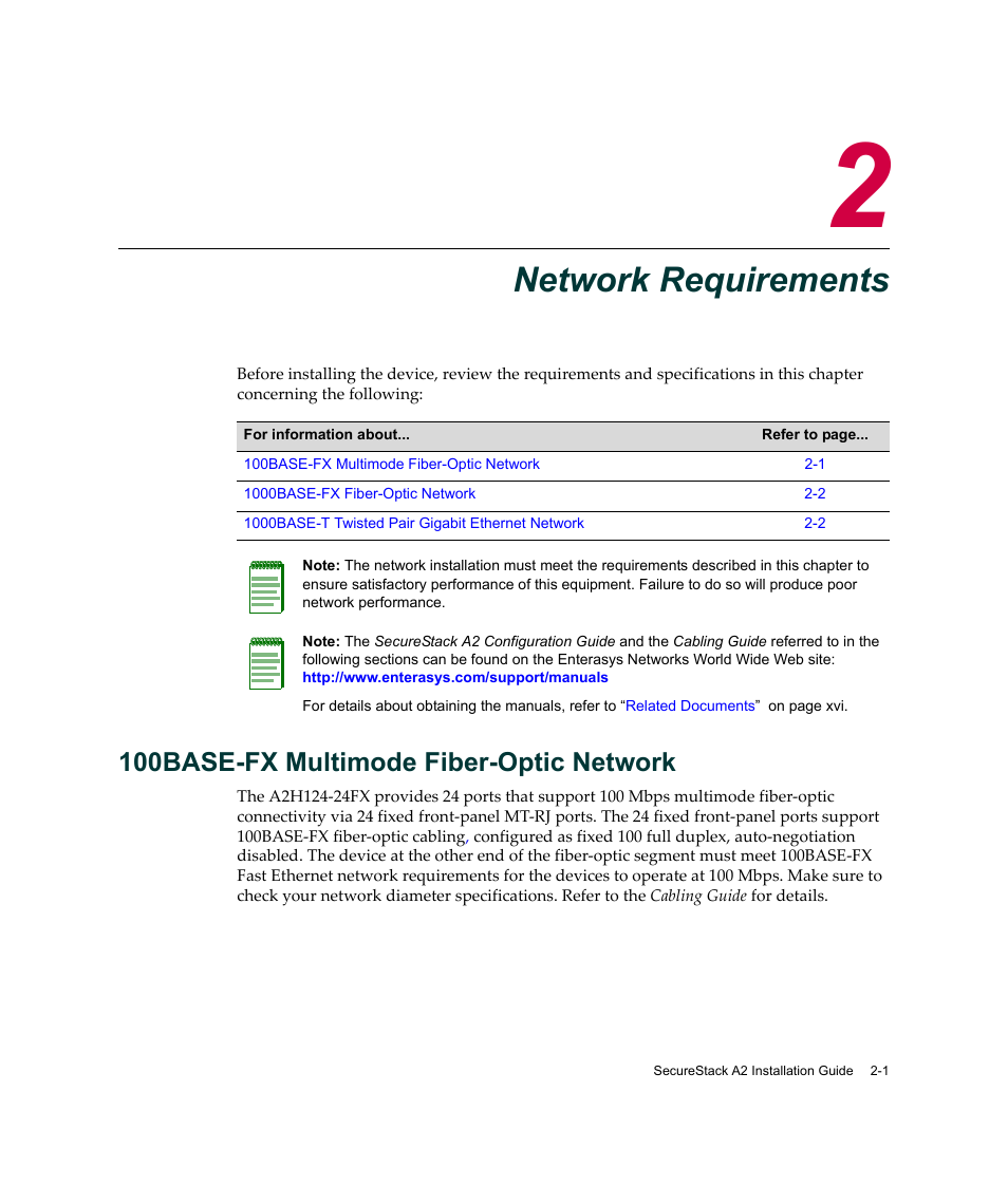 Network requirements, 100base-fx multimode fiber-optic network, Chapter 2: network requirements | 100base-fx multimode fiber-optic network -1, Hapter 2 | Enterasys Networks A2H124-24FX User Manual | Page 27 / 82
