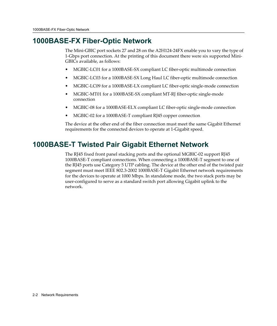 1000base-fx fiber-optic network, 1000base-t twisted pair gigabit ethernet network | Enterasys Networks A2H124-24FX User Manual | Page 28 / 82