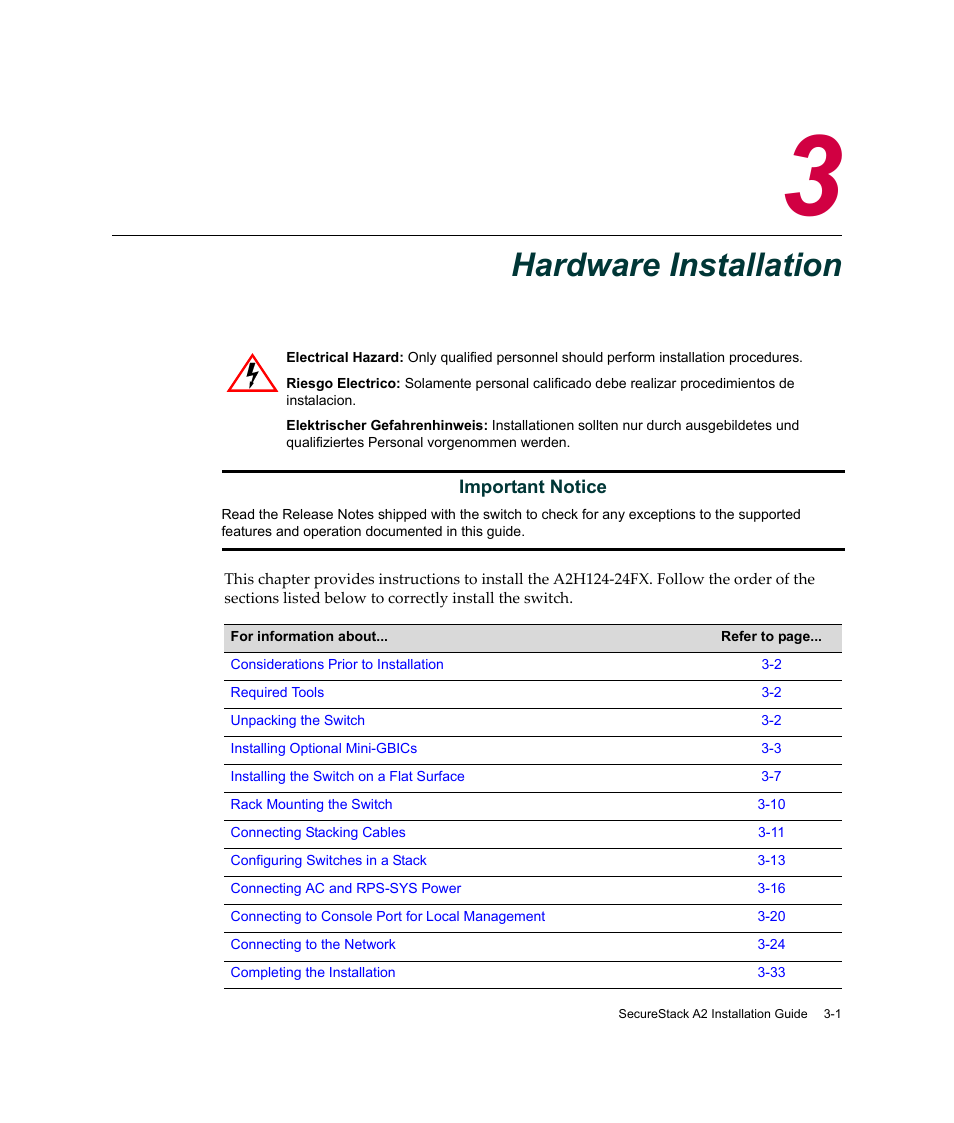 Hardware installation, Chapter 3: hardware installation, Hapter 3 | Enterasys Networks A2H124-24FX User Manual | Page 29 / 82