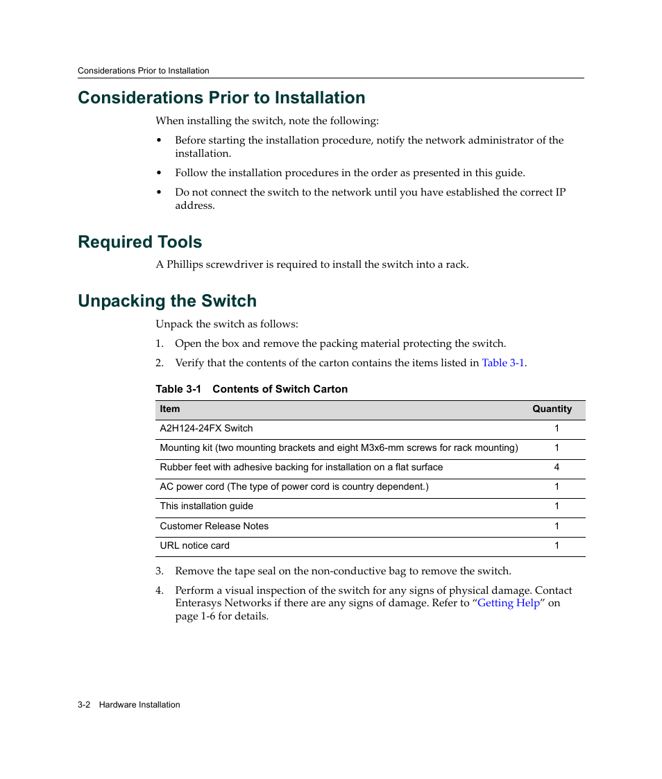 Considerations prior to installation, Required tools, Unpacking the switch | Contents of switch carton -2 | Enterasys Networks A2H124-24FX User Manual | Page 30 / 82