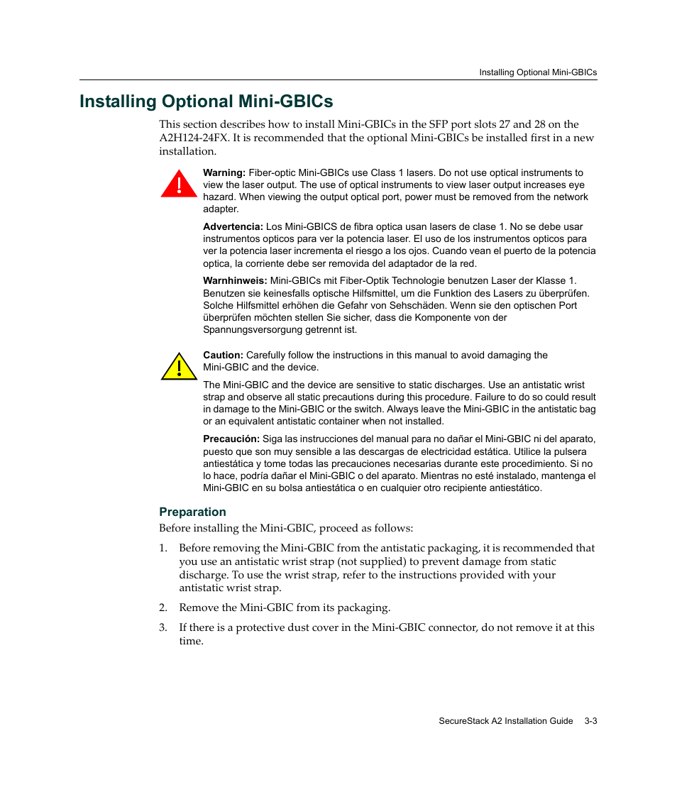 Installing optional mini-gbics, Installing optional mini-gbics -3 | Enterasys Networks A2H124-24FX User Manual | Page 31 / 82