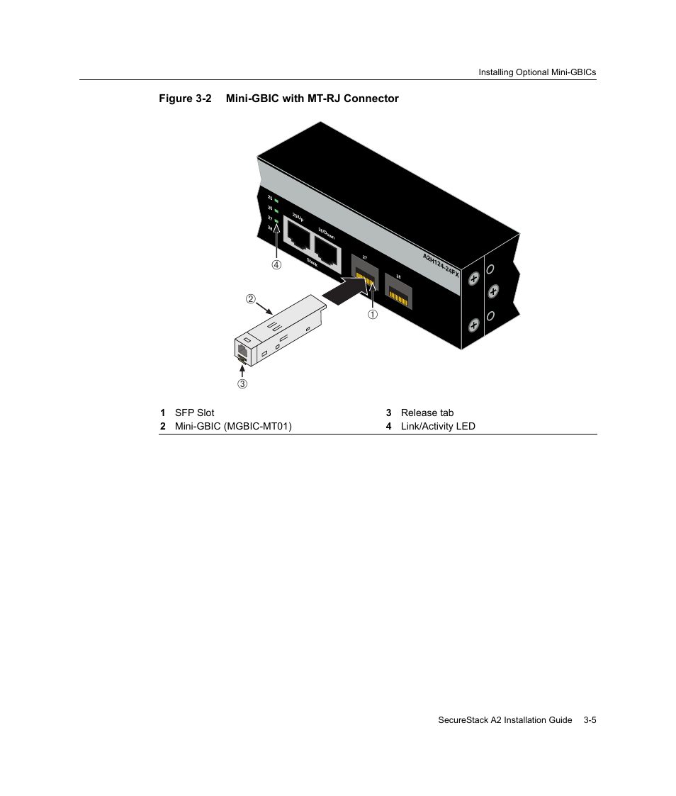 Mini-gbic with mt-rj connector -5, Figure 3‐2, Ба г в | Figure 3-2 mini-gbic with mt-rj connector | Enterasys Networks A2H124-24FX User Manual | Page 33 / 82