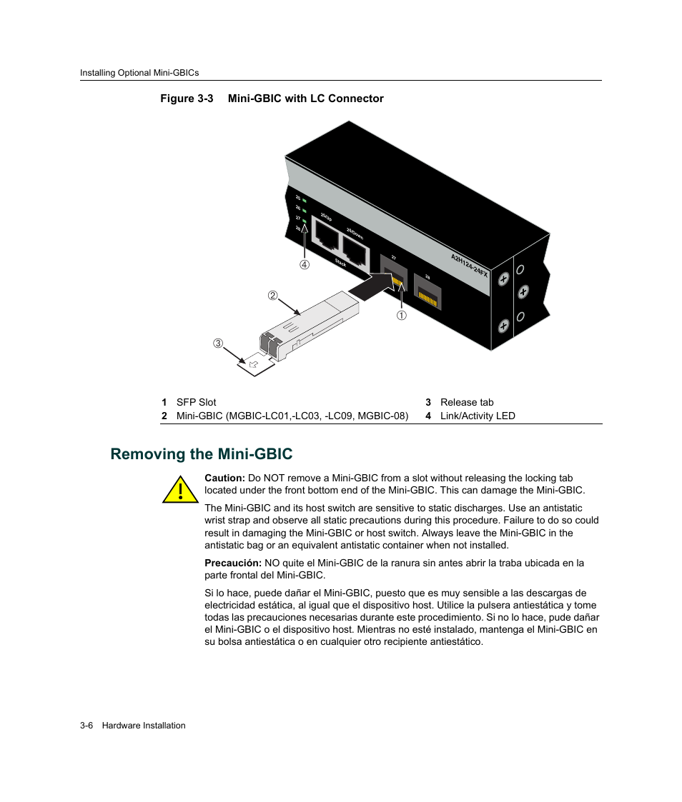 Removing the mini-gbic, Removing the mini-gbic -6, Mini-gbic with lc connector -6 | Figure 3‐3, Вб а г | Enterasys Networks A2H124-24FX User Manual | Page 34 / 82