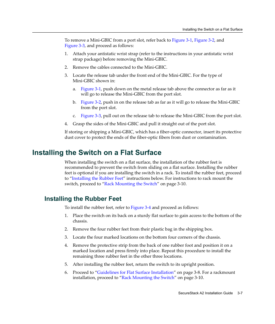 Installing the switch on a flat surface, Installing the rubber feet, Installing the switch on a flat surface -7 | Installing the rubber feet -7 | Enterasys Networks A2H124-24FX User Manual | Page 35 / 82
