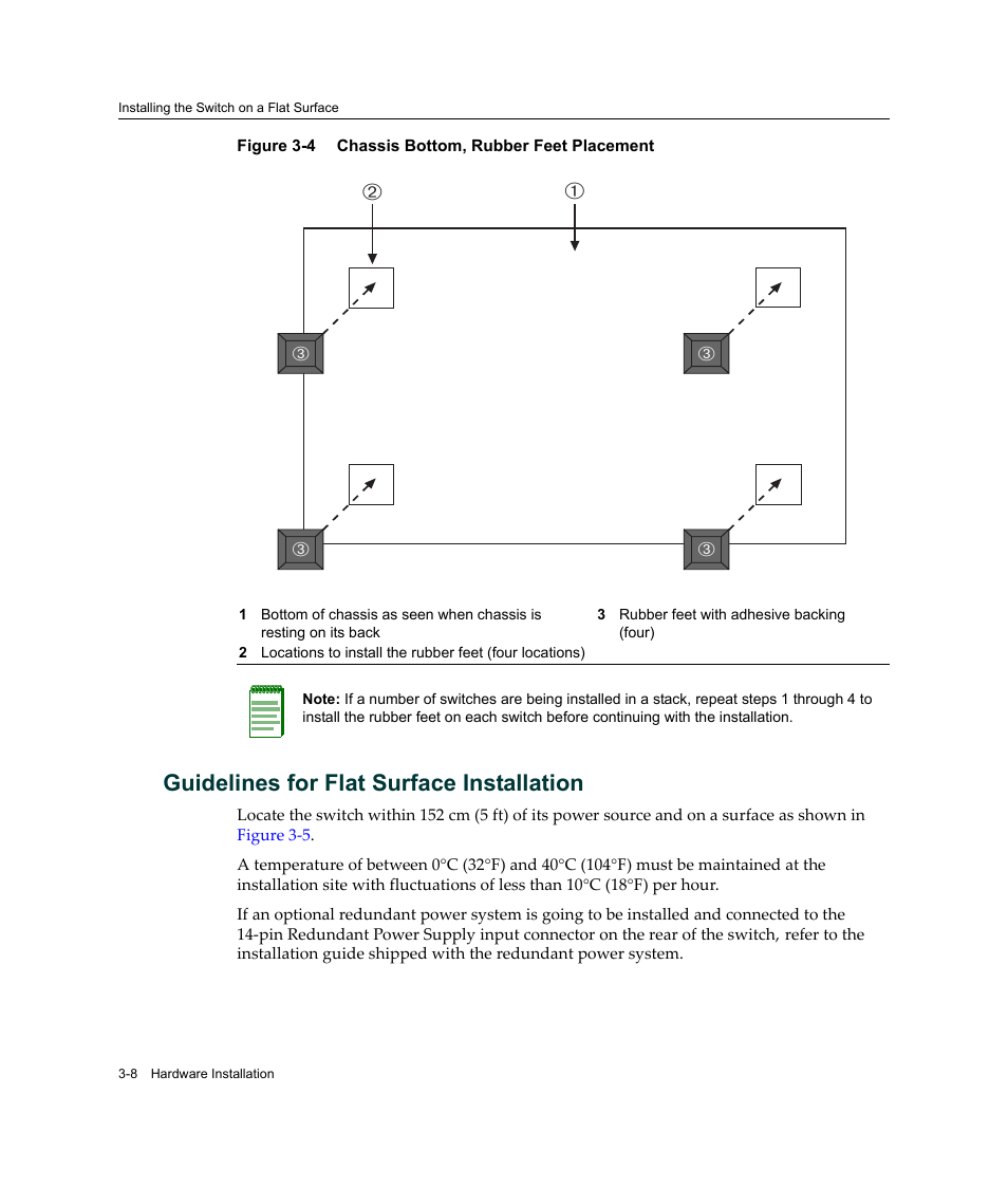 Guidelines for flat surface installation, Guidelines for flat surface installation -8, Chassis bottom, rubber feet placement -8 | Figure 3‐4 | Enterasys Networks A2H124-24FX User Manual | Page 36 / 82