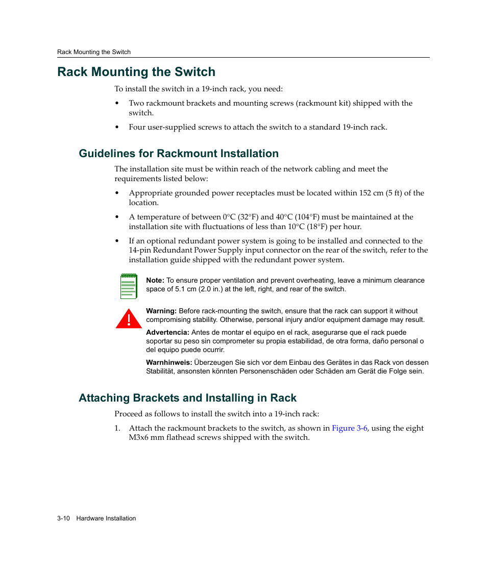 Rack mounting the switch, Guidelines for rackmount installation, Attaching brackets and installing in rack | Rack mounting the switch -10 | Enterasys Networks A2H124-24FX User Manual | Page 38 / 82