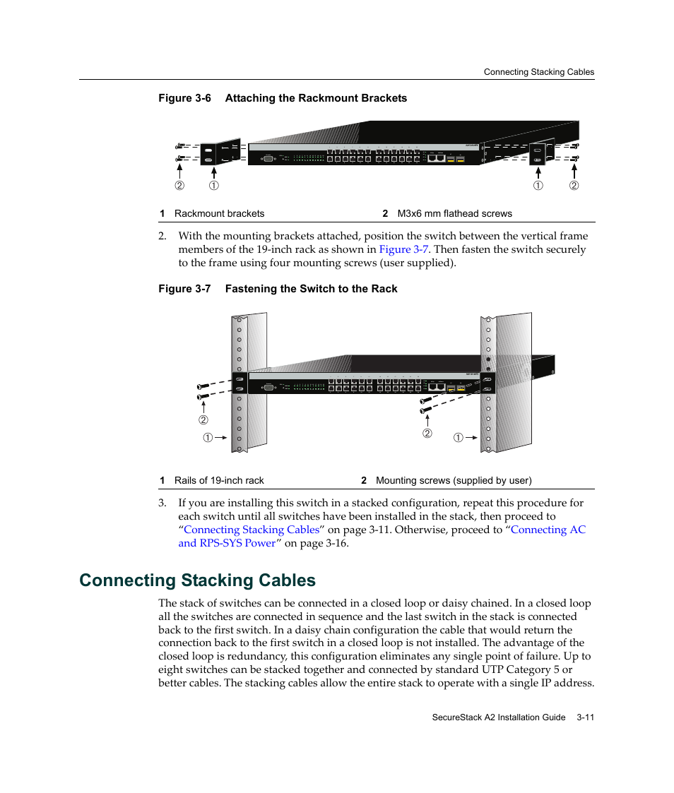 Connecting stacking cables, Connecting stacking cables -11, Attaching the rackmount brackets -11 | Fastening the switch to the rack -11, Ба б а | Enterasys Networks A2H124-24FX User Manual | Page 39 / 82