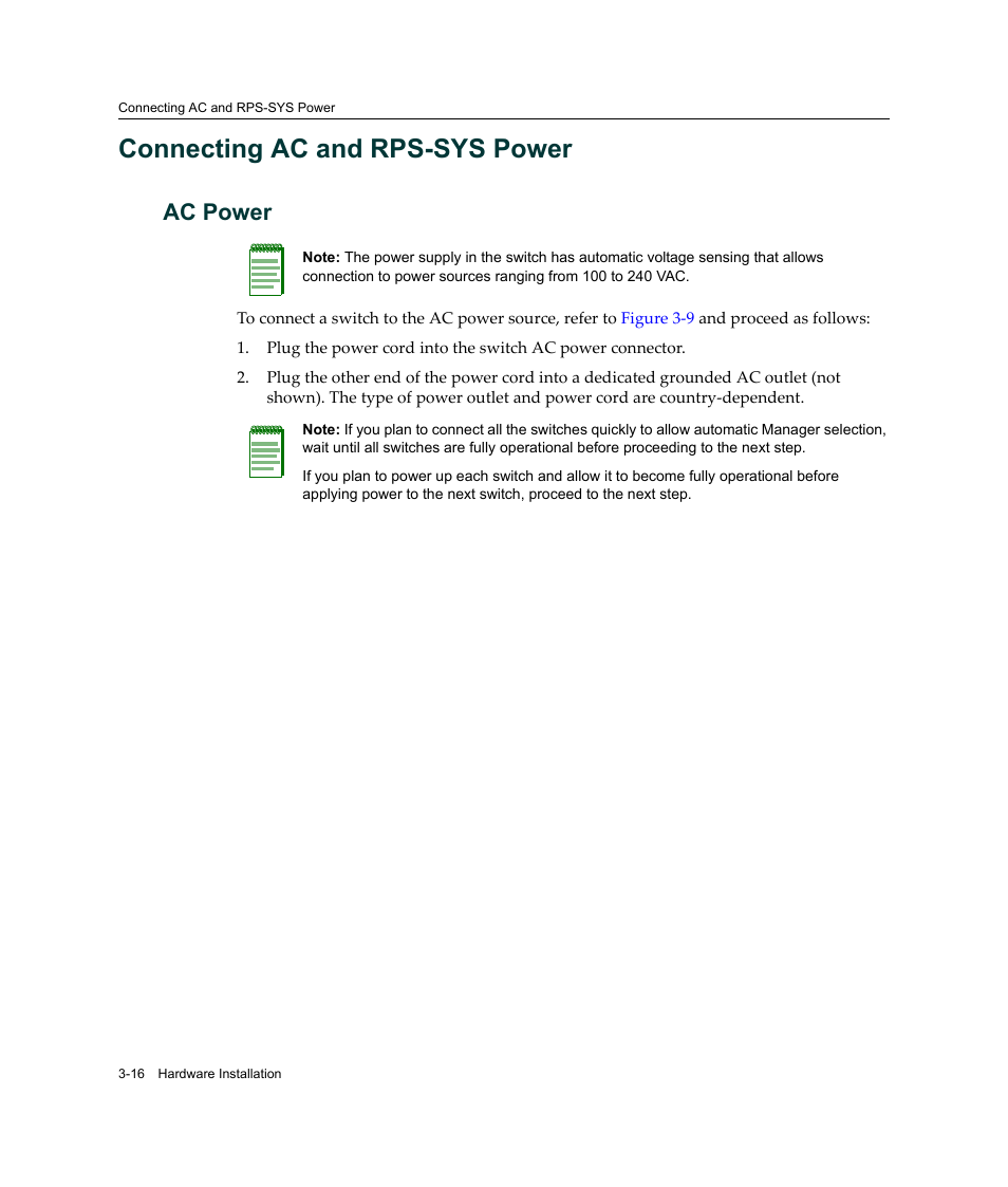 Connecting ac and rps-sys power, Ac power, Connecting ac and rps-sys power -16 | Ac power -16, Connecting ac and rps‐sys power, Connecting ac, And rps‐sys power, Connecting ac and, Rps‐sys power | Enterasys Networks A2H124-24FX User Manual | Page 44 / 82