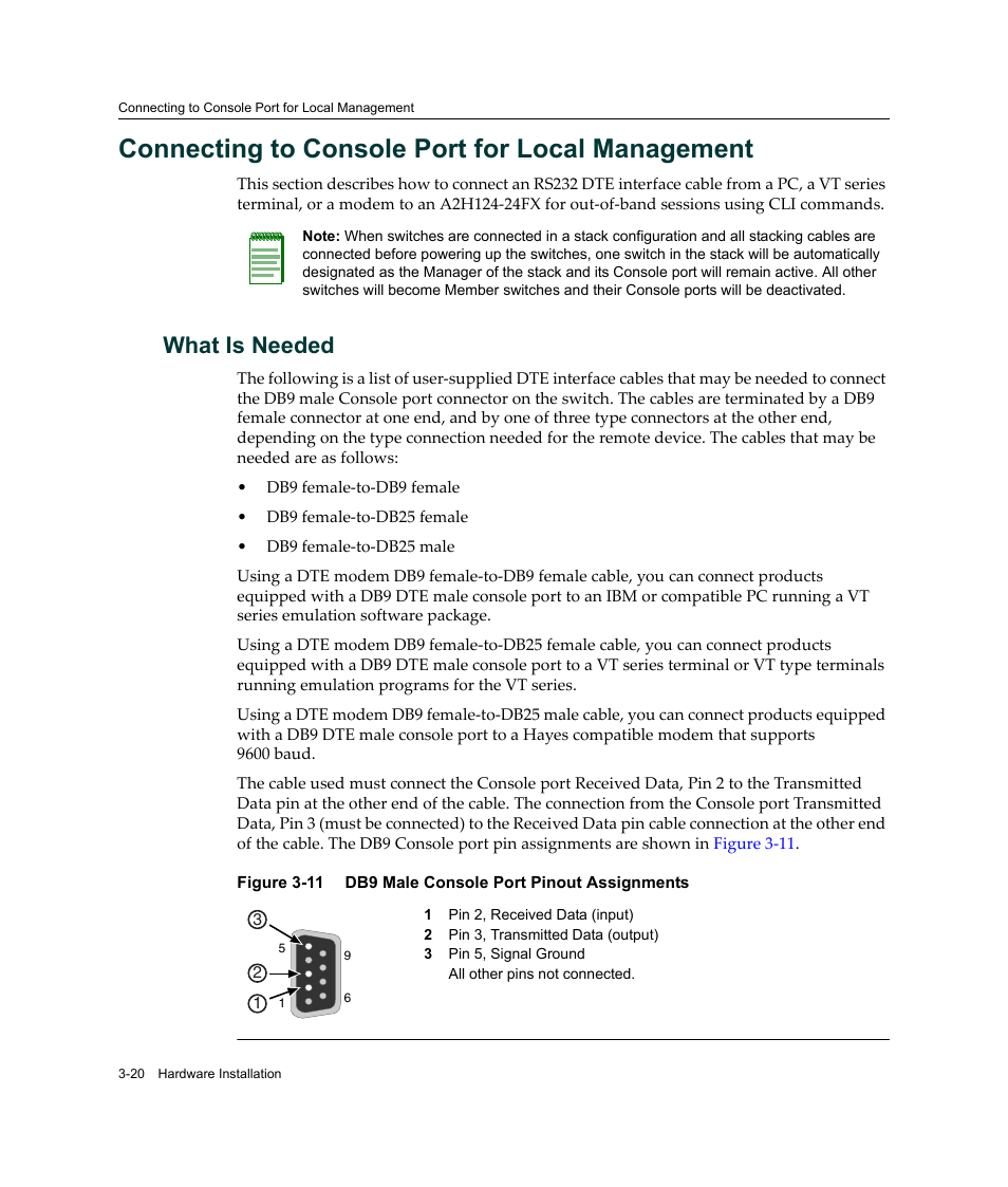 Connecting to console port for local management, What is needed, What is needed -20 | Db9 male console port pinout assignments -20, Connecting to console, Port for local management, Connecting to console port for, Local management | Enterasys Networks A2H124-24FX User Manual | Page 48 / 82