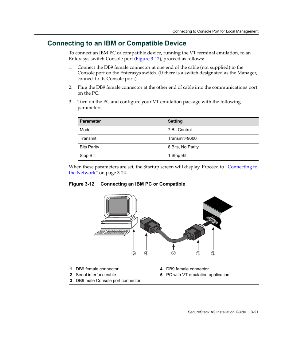 Connecting to an ibm or compatible device, Connecting to an ibm or compatible device -21, Connecting an ibm pc or compatible -21 | Enterasys Networks A2H124-24FX User Manual | Page 49 / 82