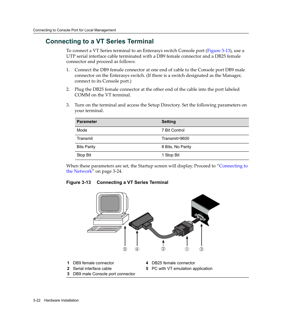 Connecting to a vt series terminal, Connecting to a vt series terminal -22, Connecting a vt series terminal -22 | Enterasys Networks A2H124-24FX User Manual | Page 50 / 82