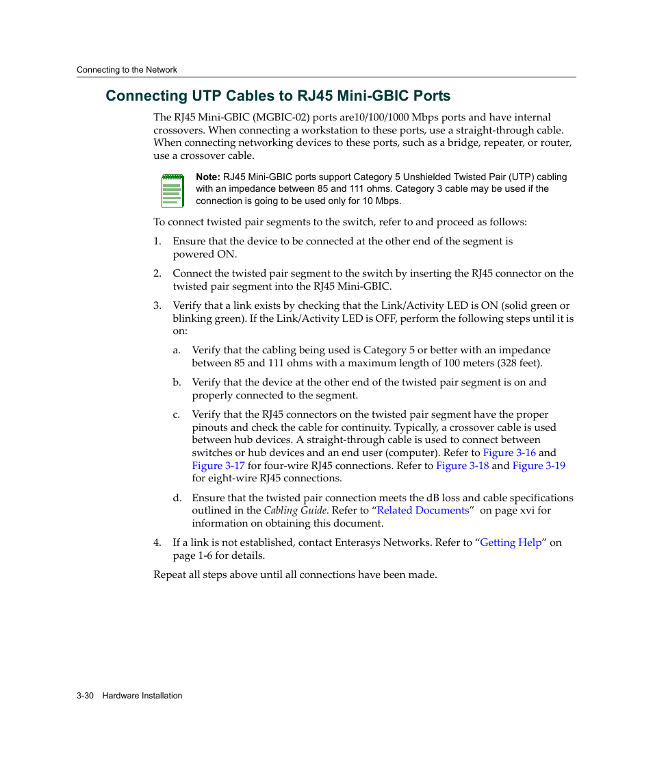 Connecting utp cables to rj45 mini-gbic ports, Connecting utp cables to rj45 mini-gbic ports -30, Connecting utp cables to rj45 mini‐gbic ports | Enterasys Networks A2H124-24FX User Manual | Page 58 / 82