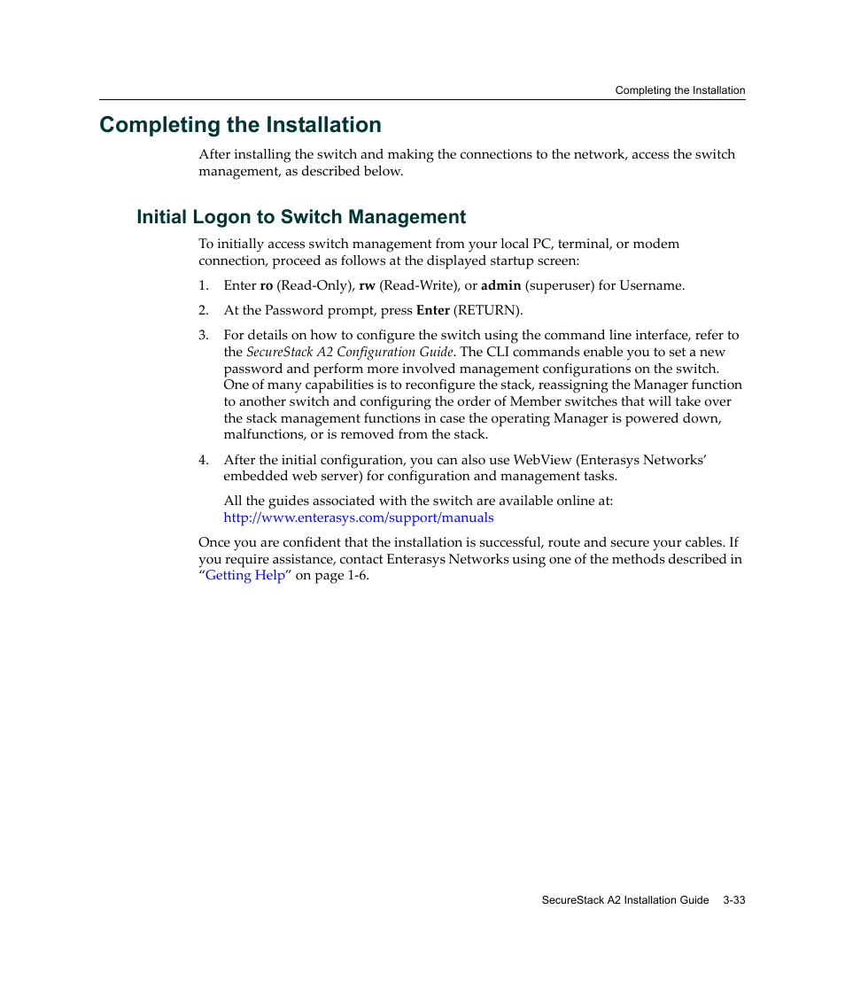 Completing the installation, Initial logon to switch management, Completing the installation -33 | Initial logon to switch management -33 | Enterasys Networks A2H124-24FX User Manual | Page 61 / 82